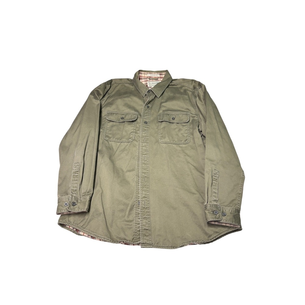 LL Bean Mens L Olive Green Flannel Lined Twill Shirt Traditional Fit 298205